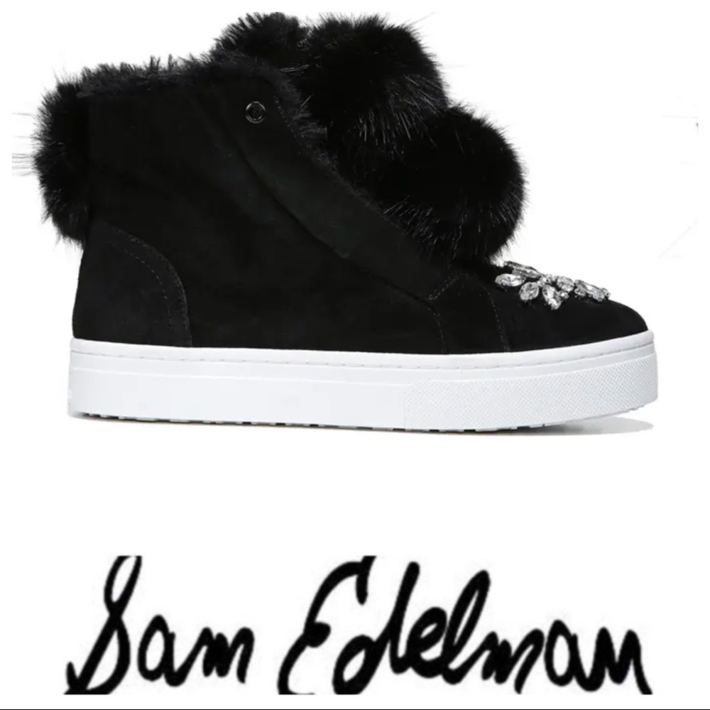 💕 Sam Edelman Black Fur Leland Sneakers - Picture 1 of 9